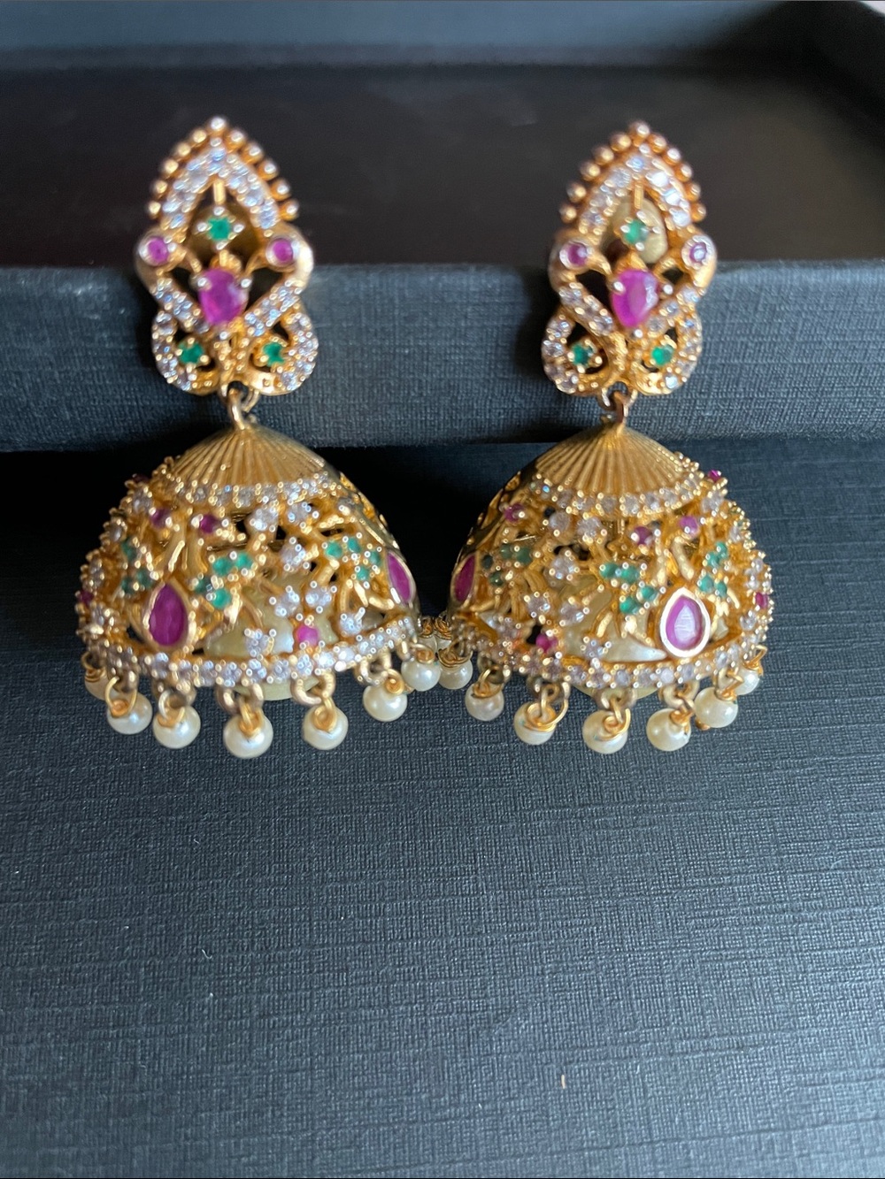 Gold Jhumka Earrings with Pink and Green Stones